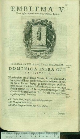 Emblema V. Tuam ipsius animam pertransibit gladius. Luc.2. Regina Ivbes Renovare Dolorem. Dominica Infra Oct. Nativitatis.