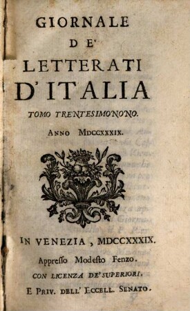 Giornale de'letterati d'Italia. 39, 39. 1739