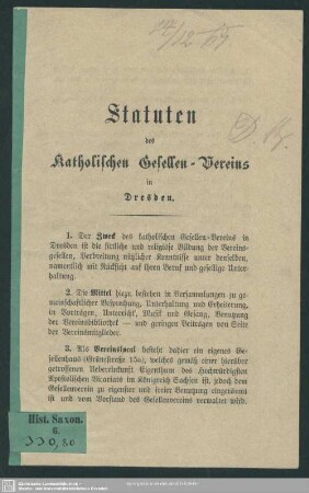 Statuten des Katholischen Gesellen-Vereins in Dresden