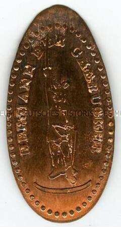 Gequetschte Kleinplakette aus einem Zweicentstück mit Statue des Arminius