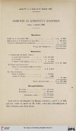 Comptes de l'Institut Égyptien pour l'année 1892