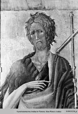 Triptychon mit Aufsätzen: Maria mit dem Kind, Johannes dem Täufer und dem seligen Pietro Crisci : linke Seitentafel: Johannes der Täufer