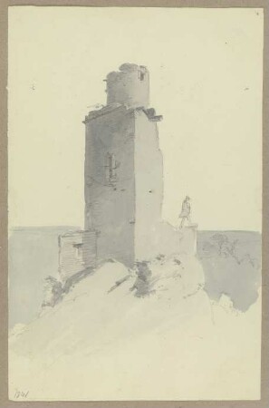 Burg Falkenstein mit Ausblick nehmendem Wanderer