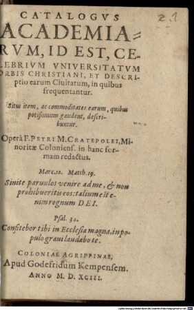 Catalogus Academiarum, id est celebrium universitatum orbis christiani
