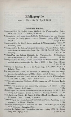 Bibliographie vom 1. März bis 30. April 1891.