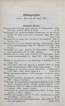 Bibliographie vom 1. März bis 30. April 1891.