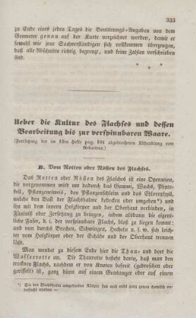Ueber die Kultur des Flachses und dessen Bearbeitung bis zur verspinnbaren Waare. (Fortsetzung ...)