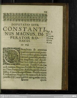 Disputatio XXVII. Constantinus Magnus, Imperator Romanus