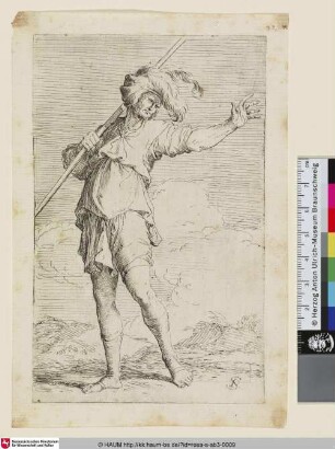 [A standing warrior holding a staff over his shoulder and gesturing with an outstretched arm; Ein stehender Krieger, der einen Stab über seiner Schulter trägt und mit dem ausgestreckten Arm gestikuliert]