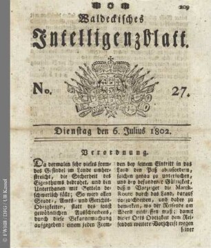 No. 27, Dienstag den 6. Julius 1802