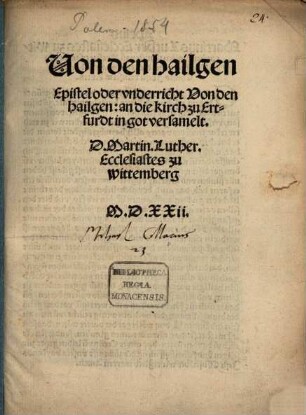 Von den hailgen : Epistel oder vnderricht Von den hailgen: an die kirch zu Ertfurdt in got versamelt