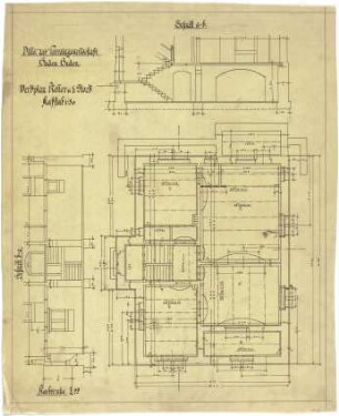 Billing, Hermann; Baden-Baden, Beuttenmüllerstr.11; Haus der badischen Terraingesellschaft - Werkplan Keller; Werkplan 1. OG; Schnitt a-b; Schnitt b-c