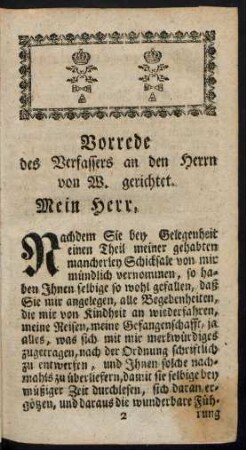 Vorrede des Verfassers an den Herrn von W. gerichtet.