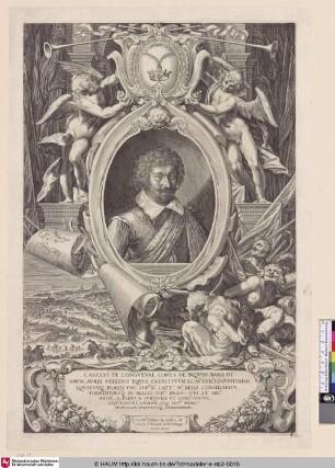 [Carolus de Longueval, Comes de Bouquoi, Baro de Vaux, in verzierter Einfassung, links im Grunde eine Schlacht, 1621]