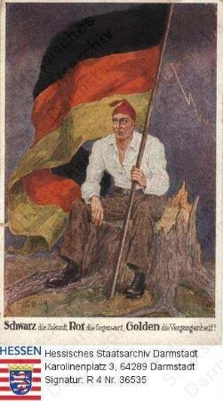 Deutschland (Weimarer Republik), 1919 / Karikatur 'Schwarz die Zukunft, Rot die Gegenwart, Golden die Vergangenheit'