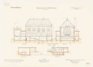 Kadettenhaus der Garnison Potsdam Ergänzungsbauten: Schwimmhalle: Längsschnitt, Querschnitt 1:100
