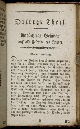 Dritter Theil. Andächtige Gesänge auf alle Festtäge des Jahres.