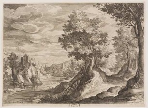 Flusslandschaft mit einer Burg auf einem Felsen