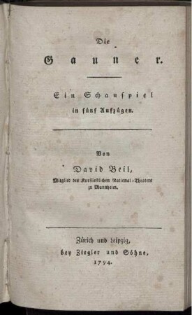 Die Gauner : Ein Schauspiel in fünf Aufzügen