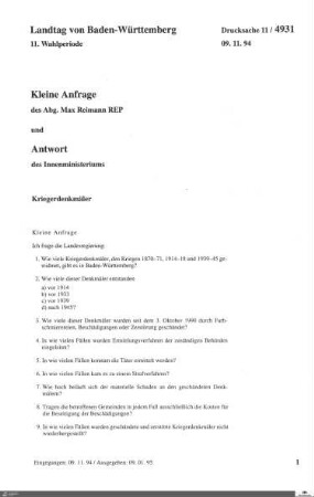 Anfrage der Republikaner: Kriegerdenkmäler
