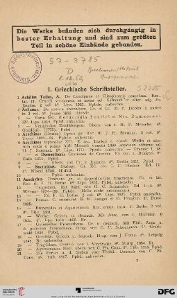 I. Griechische Schriftsteller (Nr. 1 - 385)