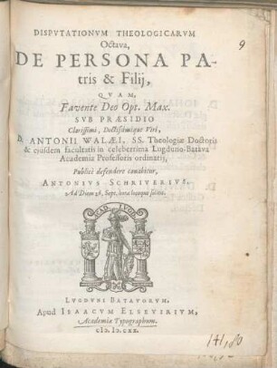Dispvtationvm Theologicarvm Octava, De Persona Patris & Filij