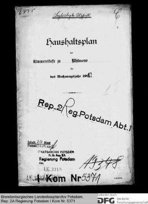 Haushaltsplan der Kämmereikasse Rhinow für das Rechnungsjahr 1910
