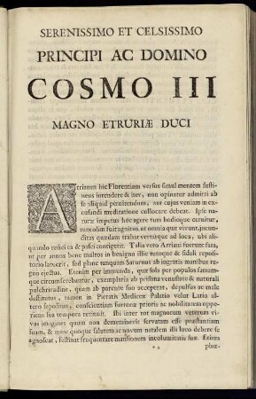 Serenissimo Et Celissimo Principi Ac Domino Cosmo III Magno Etruriae Duci