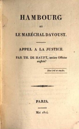 Hambourg et le Maréchal Davoust : appel a la justice