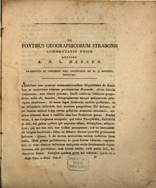 De fontibus Geographicorum Strabonis commentatio prior et altera : Praelecta in consessu Reg. Soc. Gotting. ad d. 5. Aug. 1820 et 1822