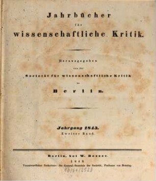 Jahrbücher für wissenschaftliche Kritik. 1843, Bd. 2