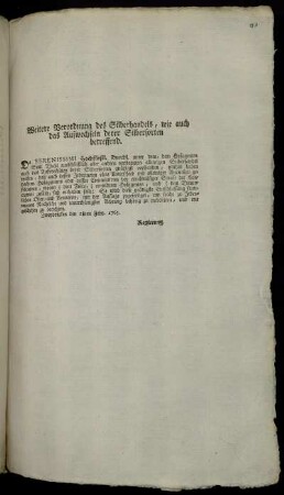 Weitere Verordnung des Silberhandels, wie auch das Aufwechseln derer Silbersorten betreffend : Zweybrücken den 28ten Febr. 1765.