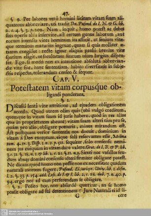 Cap. V. Potestatem vitam corpusque obligandi ponderans