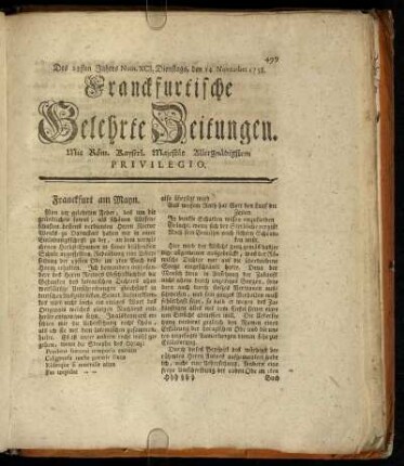 Num. XCI. Dienstags, den 14. November 1758. - Num. C. Freytags, den 15. December 1758.