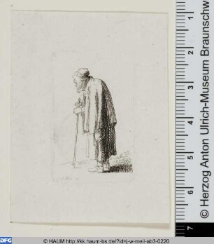 Rückenansicht eines alten, gebückten Mannes mit Gehstock und Kappe