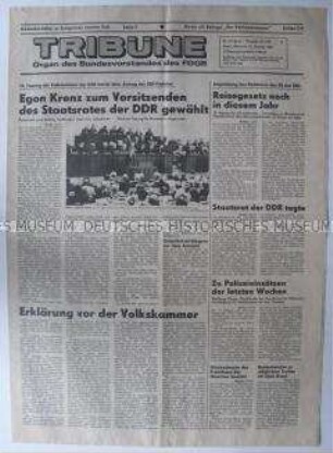 Tageszeitung des FDGB "Tribüne" zur Wahl von Egon Krenz zum Vorsitzenden des Staatsrates