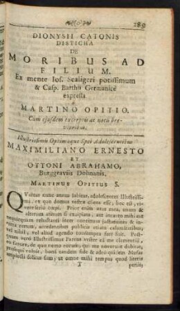 Dionysii Catonis Disticha De Moribus Ad Filium.