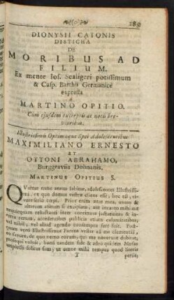 Dionysii Catonis Disticha De Moribus Ad Filium.