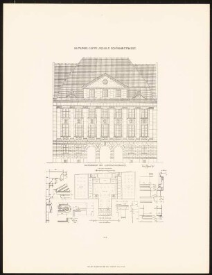 Gemeindedoppelschule in der Schöningstraße, Berlin: Grundriss, Ansicht, Details Lehrerwohnhaus (aus: Neubauten der Stadt Berlin, Bd. XI, 1912)