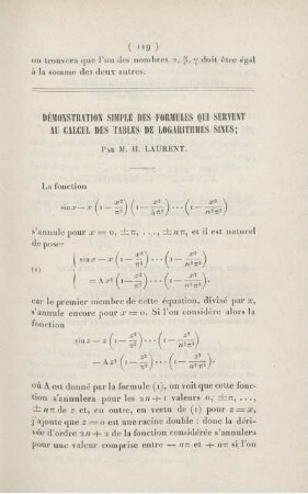 Démonstration simple des formules qui servent au calcul des tables de logarithmes sinus.