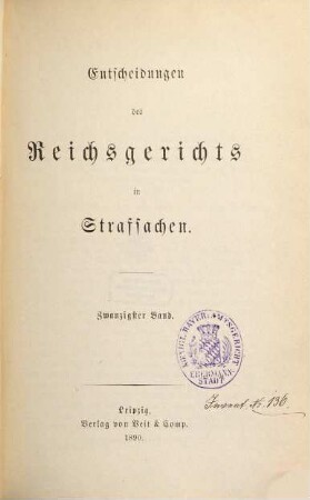 Entscheidungen des Reichsgerichts in Strafsachen. 20. 1890