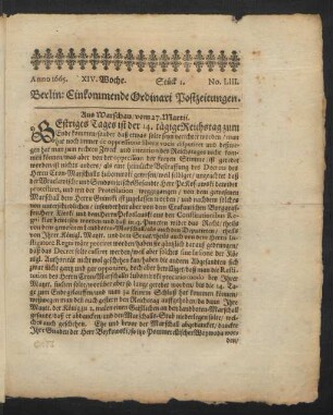 1665.14: Berlin: Einkommende Ordinari Postzeitungen