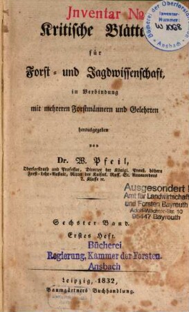 Kritische Blätter für Forst- und Jagdwissenschaft. 6. 1832/33