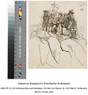 fünf Personen auf Bergspitze (Handskizze, coloriert, Feder in Schwarz, Bleistift und Tusche). Rückseite: Beschriftung"Auf der höchsten Höhe des Wa[t]zmann"