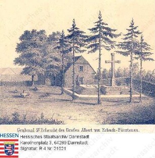 Krähenberg (heute: Beerfelden-Hetzbach), Grabmal von Graf Albrecht zu Erbach-Fürstenau (1787-1851) / Ansicht, mit Bildlegende
