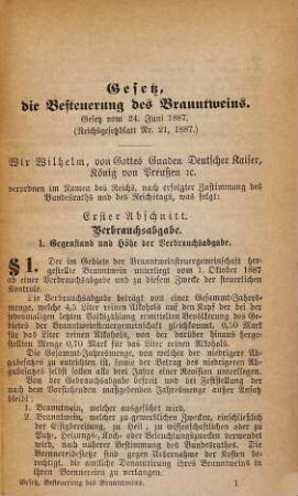 Reichsgesetz vom 24. Juni 1887 und 7. April 1889 nebst allen einschlägigen bis 1889 erschienenen Gesetzen : Die Besteuerung des Branntweins