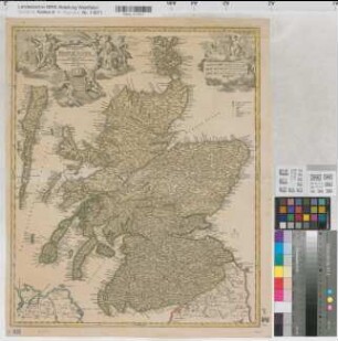 Schottland Übersichtskarte Magnae Britanniae pars septentrionalis qua regnum Scotiae in suas partes et subjacentes insulas divisum (1.H. 18.Jh.) 10 dt. Meilen = 7,8 cm 55,5 x 46 kol. Stich Johann Baptist Homann, Nürnberg B Nr. 320a