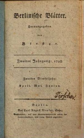 Berlinische Blätter. 2,2, 2, 2. 1798