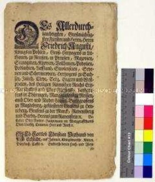 Mandat von Friedrich August I. Kurfürst von Sachsen betreffend Verfahren zur Besetzung freier Pfarrstellen im Markgrafentum Oberlausitz