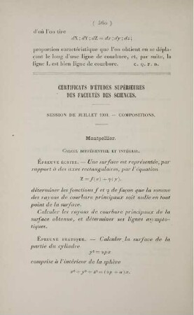 Certificats d'études supérieures des Facultés des Sciences. Session de juillet 1900. Compositions.